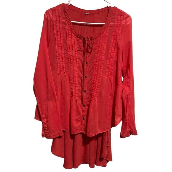 Free People- Sisters of the Moon Coral Boho Blouse High Low, Size Small - Picture 10 of 11